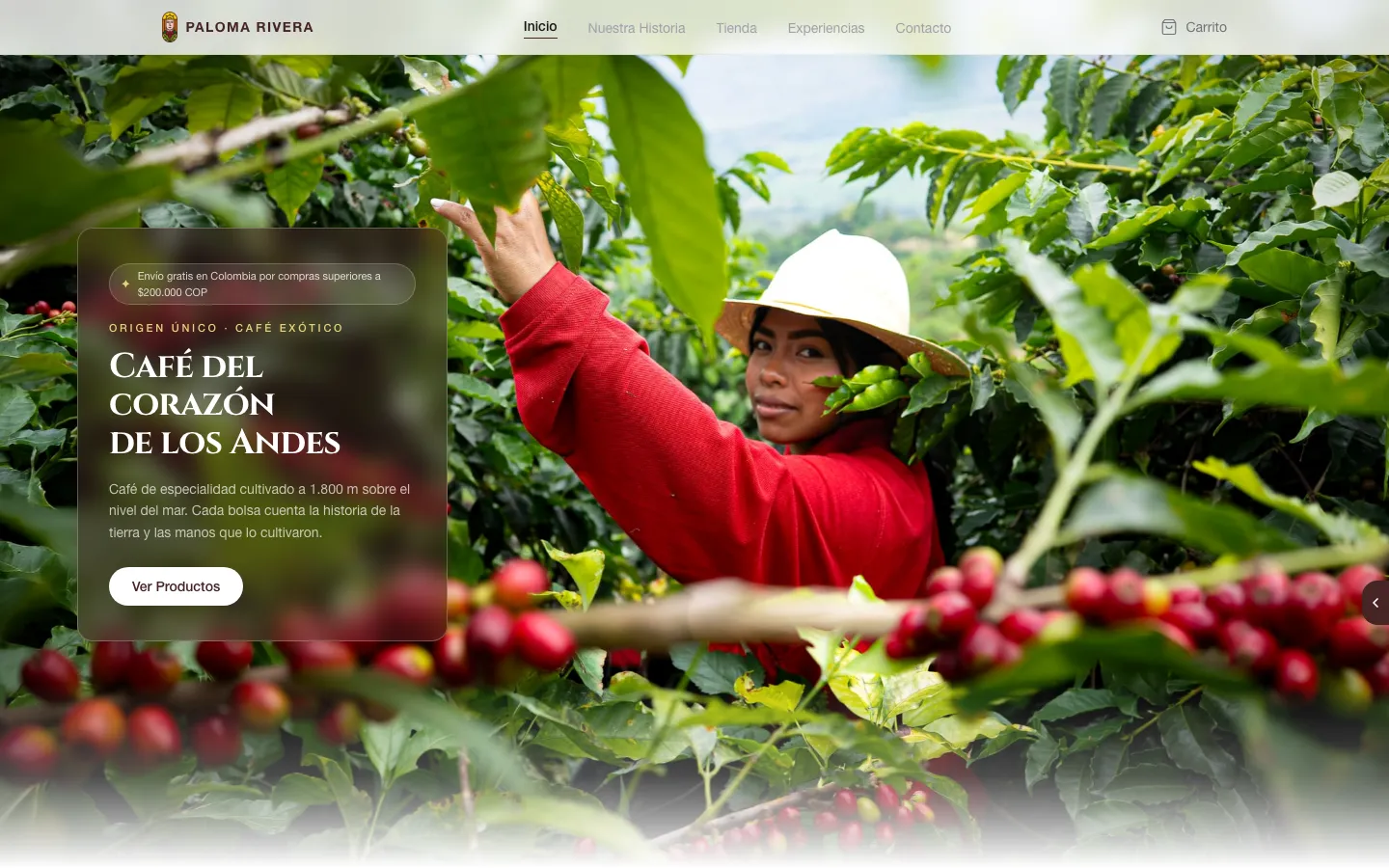 Página de inicio de Paloma Rivera Coffee desarrollada por Uxum Technology